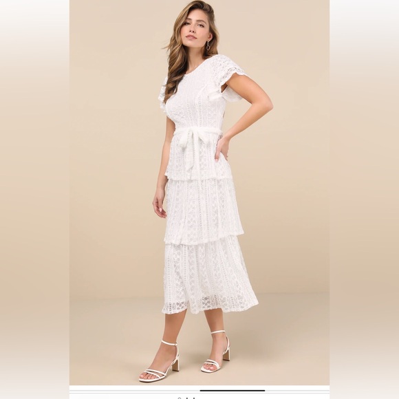 NWT Lulus Whimsical Spirit Ivory Lace Tiered Backless Midi Dress - Picture 3 of 4